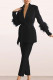 Black Elegant Solid Bandage Patchwork Buckle Feathers Turn-back Collar Long Sleeve Two Pieces