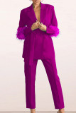Pink Elegant Solid Bandage Patchwork Buckle Feathers Turn-back Collar Long Sleeve Two Pieces