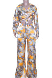 Blue Elegant Print Bandage Patchwork Pocket Buckle Turndown Collar Long Sleeve Two Pieces