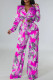 Rose Red Elegant Print Bandage Patchwork Pocket Buckle Turndown Collar Long Sleeve Two Pieces
