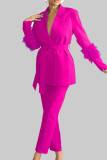 Pink Elegant Solid Bandage Patchwork Buckle Feathers Turn-back Collar Long Sleeve Two Pieces