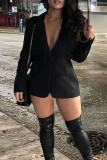 Black Elegant Solid Patchwork Buttons Turn-back Collar Outerwear
