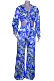 Blue Elegant Print Bandage Patchwork Pocket Buckle Turndown Collar Long Sleeve Two Pieces
