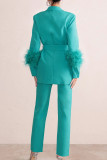 Pink Elegant Solid Bandage Patchwork Buckle Feathers Turn-back Collar Long Sleeve Two Pieces