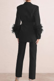 Pink Elegant Solid Bandage Patchwork Buckle Feathers Turn-back Collar Long Sleeve Two Pieces