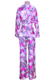 Blue Elegant Print Bandage Patchwork Pocket Buckle Turndown Collar Long Sleeve Two Pieces