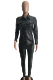 Black Casual Solid Patchwork Pocket Buckle Turndown Collar Long Sleeve Two Pieces