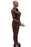 Burgundy Casual Solid Patchwork Pocket Buckle Turndown Collar Long Sleeve Two Pieces