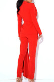 Red Elegant Solid Patchwork Buttons Turn-back Collar Long Sleeve Two Pieces