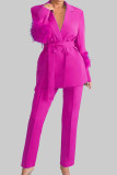 Pink Elegant Solid Bandage Patchwork Buckle Feathers Turn-back Collar Long Sleeve Two Pieces