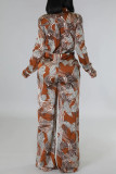 Blue Elegant Print Bandage Patchwork Pocket Buckle Turndown Collar Long Sleeve Two Pieces