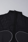 Black Sexy Patchwork Solid Hot Drilling Hollowed Out See-through Turtleneck Skinny Jumpsuits