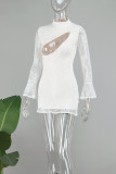Apricot Sexy Casual Solid Hollowed Out See-through Half A Turtleneck Long Sleeve Dresses