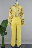 Yellow Casual Print Bandage With Belt Long Sleeve Two Pieces
