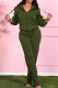 Army Green Casual Solid Patchwork Draw String Pocket Hooded Collar Long Sleeve Two Pieces