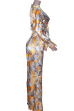 Blue Elegant Print Bandage Patchwork Pocket Buckle Turndown Collar Long Sleeve Two Pieces
