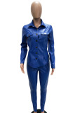Royal Blue Casual Solid Patchwork Pocket Buckle Turndown Collar Long Sleeve Two Pieces
