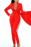 Red Elegant Solid Patchwork Buttons Turn-back Collar Long Sleeve Two Pieces
