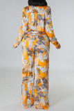 Blue Elegant Print Bandage Patchwork Pocket Buckle Turndown Collar Long Sleeve Two Pieces