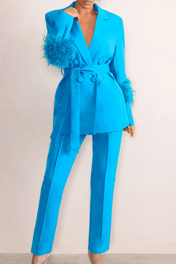 Sky Blue Elegant Solid Bandage Patchwork Buckle Feathers Turn-back Collar Long Sleeve Two Pieces