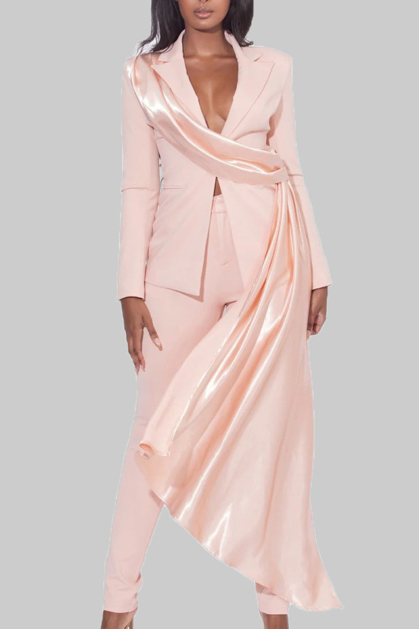 Light Pink Elegant Solid Patchwork Buttons Turn-back Collar Long Sleeve Two Pieces