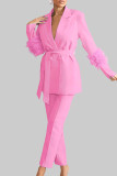 Pink Elegant Solid Bandage Patchwork Buckle Feathers Turn-back Collar Long Sleeve Two Pieces