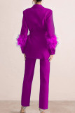 Pink Elegant Solid Bandage Patchwork Buckle Feathers Turn-back Collar Long Sleeve Two Pieces