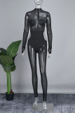 Black Sexy Patchwork Solid Hot Drilling Hollowed Out See-through Turtleneck Skinny Jumpsuits