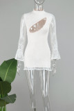 Apricot Sexy Casual Solid Hollowed Out See-through Half A Turtleneck Long Sleeve Dresses