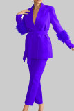 Pink Elegant Solid Bandage Patchwork Buckle Feathers Turn-back Collar Long Sleeve Two Pieces