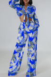 Blue Elegant Print Bandage Patchwork Pocket Buckle Turndown Collar Long Sleeve Two Pieces