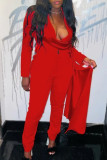 Red Elegant Solid Patchwork Buttons Turn-back Collar Long Sleeve Two Pieces
