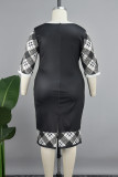 Black Casual Print Patchwork Slit O Neck Wrapped Skirt Plus Size Dresses