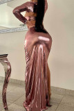 Rose Gold Street Solid Hollowed Out Patchwork High Opening O Neck Long Sleeve Three Pieces