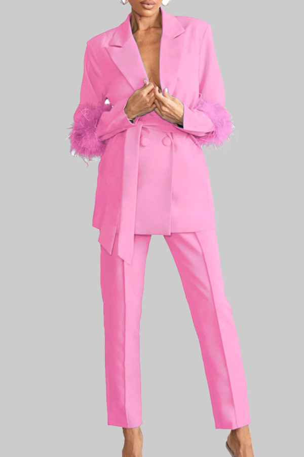 Pink Elegant Solid Bandage Patchwork Buckle Feathers Turn-back Collar Long Sleeve Two Pieces