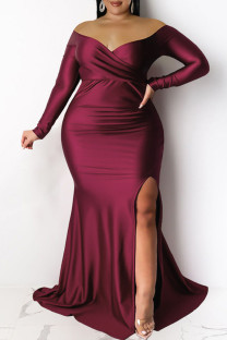 Red Sexy Formal Solid Backless Slit V Neck Evening Dress Plus Size Dresses