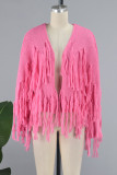 Pink Casual Solid Tassel Cardigan Outerwear