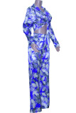 Blue Elegant Print Bandage Patchwork Pocket Buckle Turndown Collar Long Sleeve Two Pieces