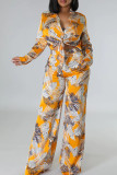 Blue Elegant Print Bandage Patchwork Pocket Buckle Turndown Collar Long Sleeve Two Pieces