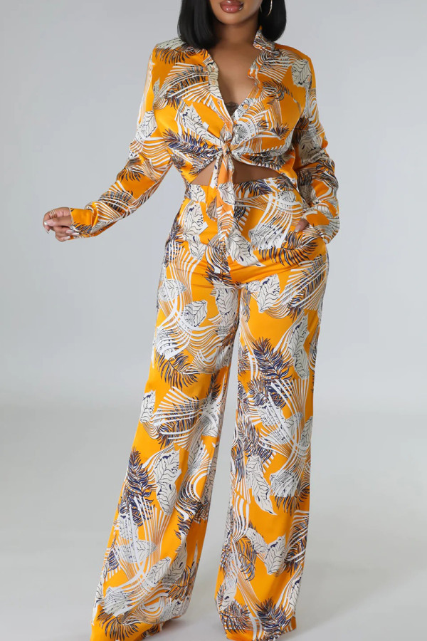 Yellow Elegant Print Bandage Patchwork Pocket Buckle Turndown Collar Long Sleeve Two Pieces