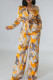 Yellow Elegant Print Bandage Patchwork Pocket Buckle Turndown Collar Long Sleeve Two Pieces