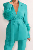 Pink Elegant Solid Bandage Patchwork Buckle Feathers Turn-back Collar Long Sleeve Two Pieces