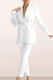 White Elegant Solid Bandage Patchwork Buckle Feathers Turn-back Collar Long Sleeve Two Pieces