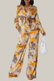 Blue Elegant Print Bandage Patchwork Pocket Buckle Turndown Collar Long Sleeve Two Pieces