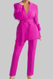 Pink Elegant Solid Bandage Patchwork Buckle Feathers Turn-back Collar Long Sleeve Two Pieces