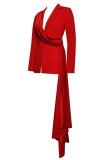 Red Elegant Solid Patchwork Buttons Turn-back Collar Long Sleeve Two Pieces