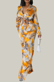 Blue Elegant Print Bandage Patchwork Pocket Buckle Turndown Collar Long Sleeve Two Pieces