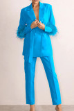 Pink Elegant Solid Bandage Patchwork Buckle Feathers Turn-back Collar Long Sleeve Two Pieces
