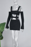 Grey Sexy Casual Solid Hollowed Out Square Collar Long Sleeve Dresses