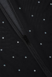 Black Casual Solid Tassel Patchwork See-through Hot Drill Zipper O Neck Regular Jumpsuits